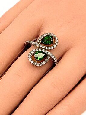 Marked Sterling Silver Rhodium Plate Tourmaline Toi Et Moi Bypass Ring Sz 10